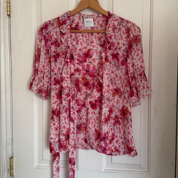 Misa Los Angeles Sybil Gardenia Pink Floral Chiffon Wrap Tie Top Blouse size M - Picture 5 of 10